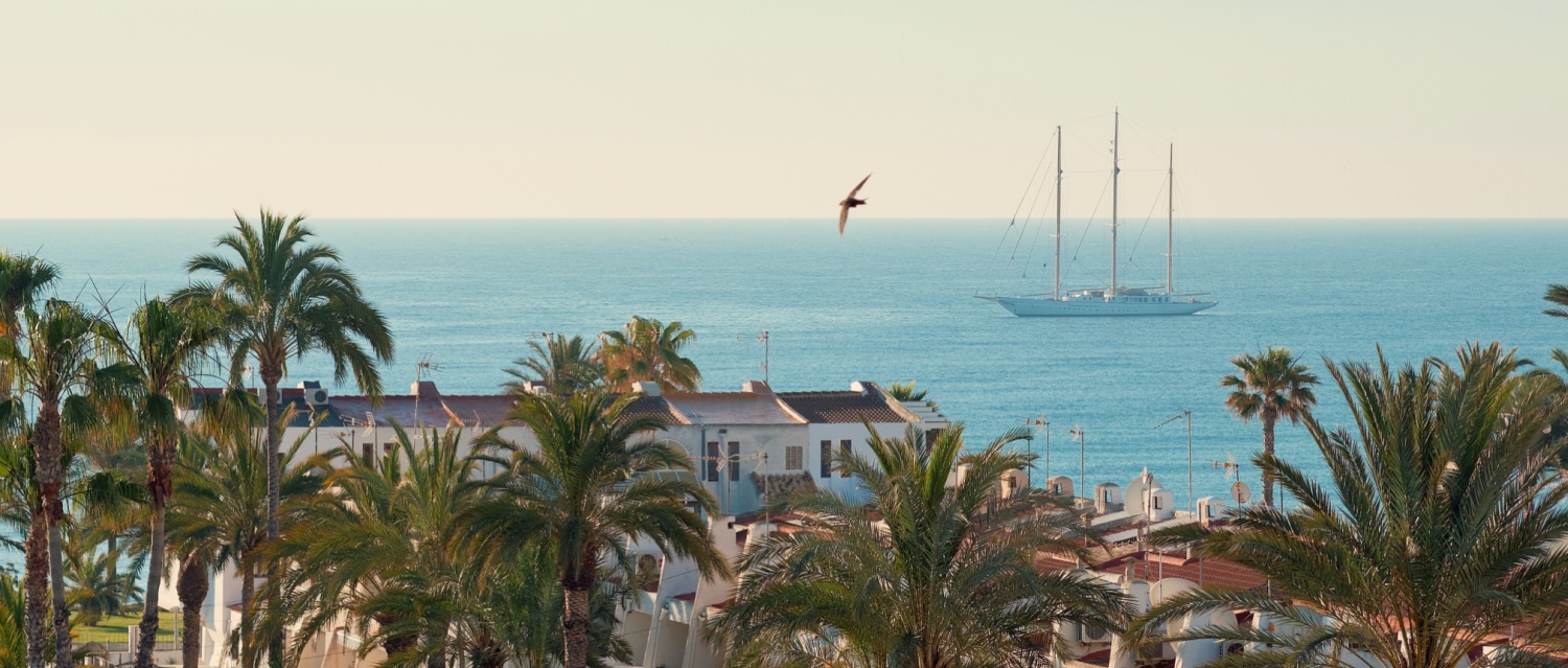 A scenic shot of buildings and horizon in the city of Torrevieja, Costa Blanca, Alicante, Spain.