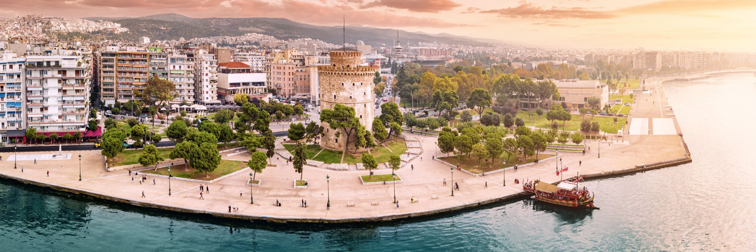 Aerial panoramic view of the main symbol of Thessaloniki city - the White Tower