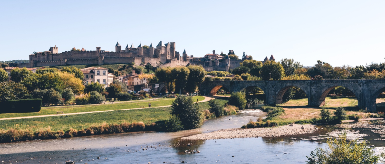 The fortress city of Carcassonne on a hill with a river in the foreground