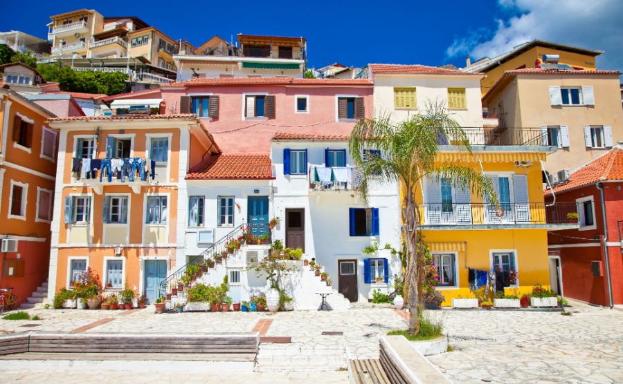 A row of colourful houses in Greece