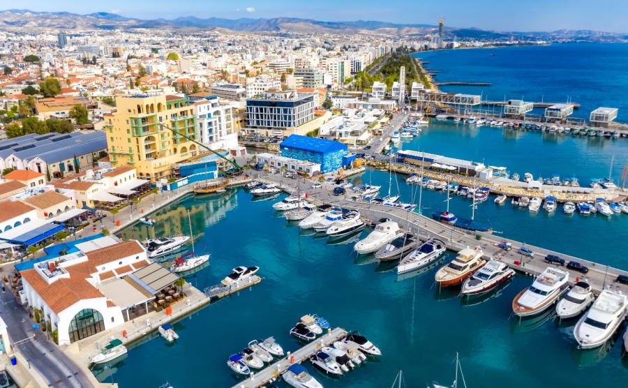 An aerial shot of Limassol's marina